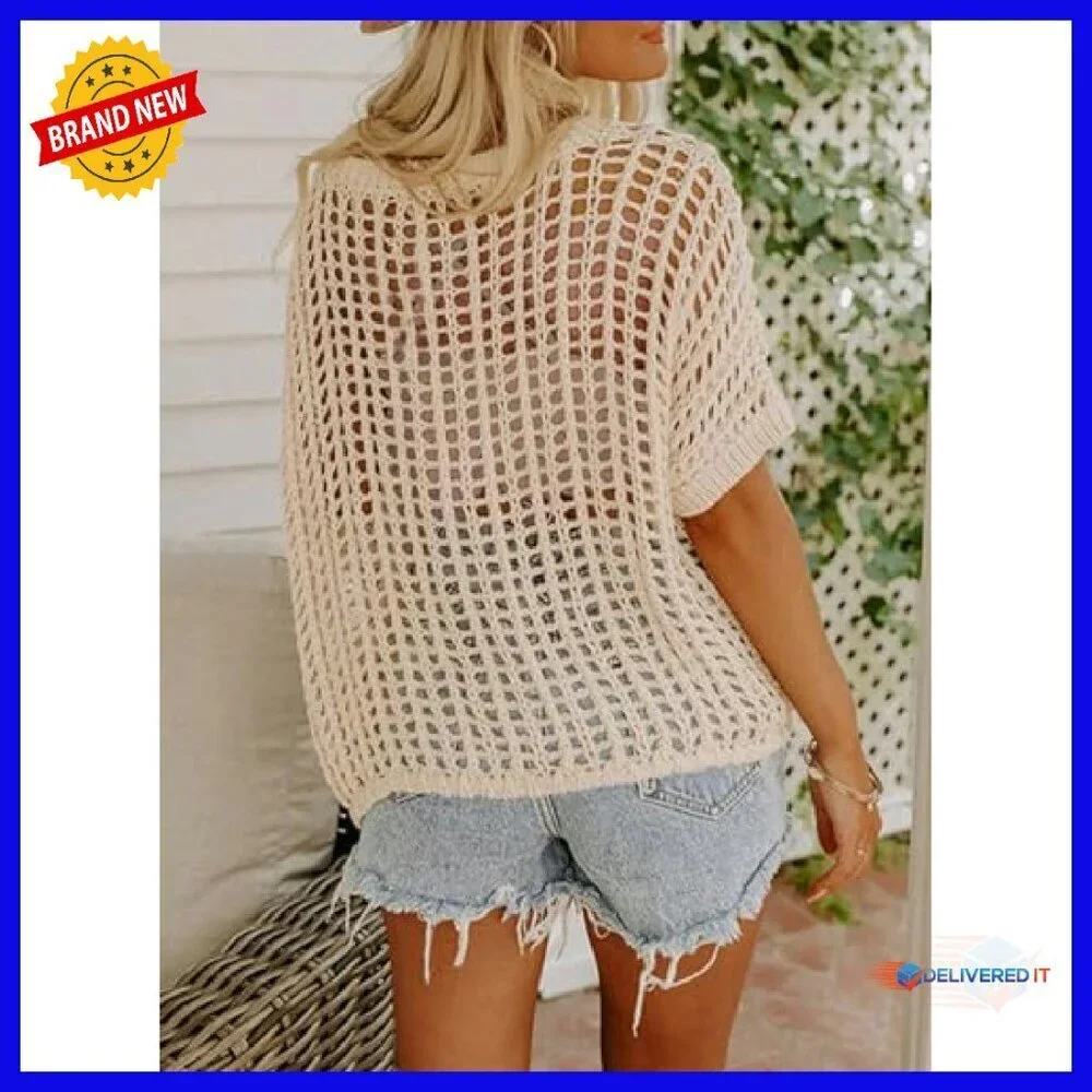 Crochet Hollow Out Sweater Coverup Lightweight Pullover Beach Resort Wear